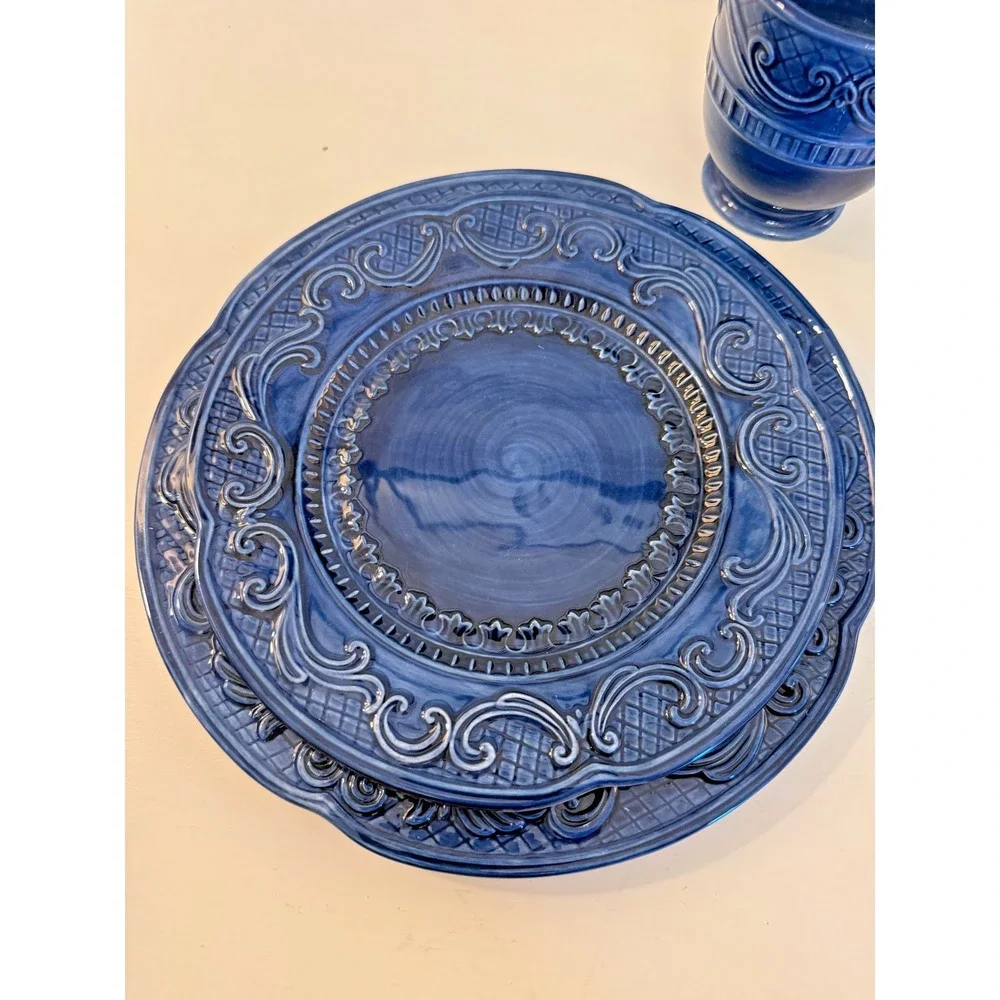 Fitz And Floyd Ricamo 4-Piece Place Setting Blue Stoneware Dinner Salad Bowl Mug